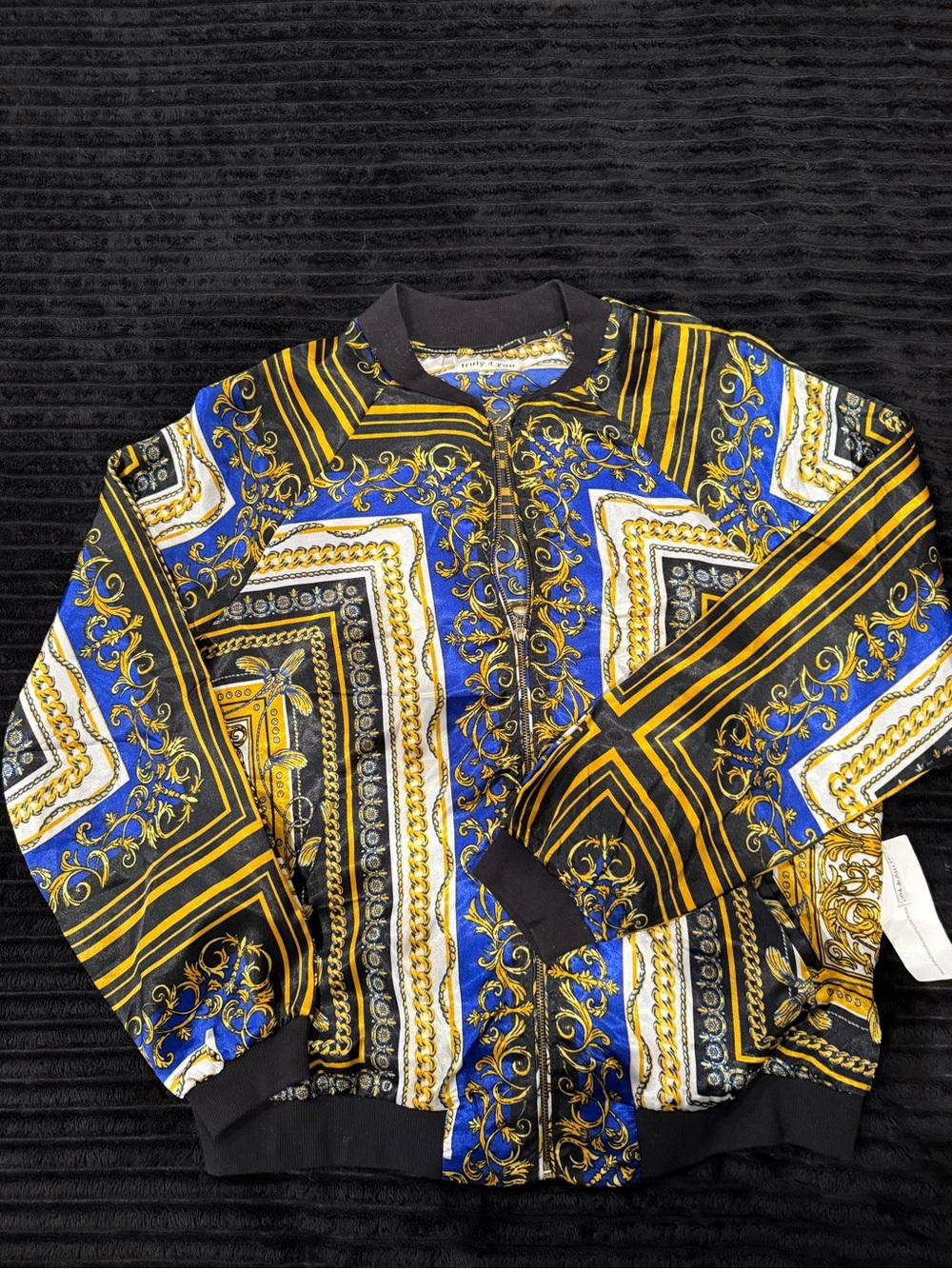 Black & Blue Baroque Print Bomber Jacket